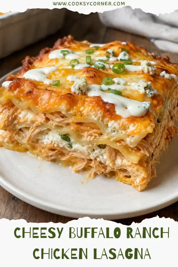 Cheesy Buffalo Ranch Chicken Lasagna with layers of pasta, shredded chicken, creamy buffalo ranch sauce, cheddar, and melted mozzarella. The baked lasagna has a bubbling golden cheese topping.