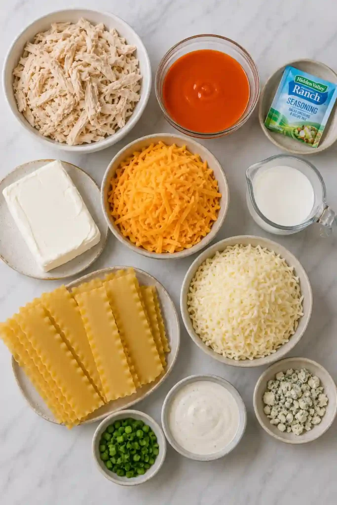 Creamy buffalo ranch chicken lasagna baked with shredded chicken, cream cheese, spicy buffalo sauce, cheddar, and mozzarella. The finished pasta bake is golden, cheesy, and bubbling.