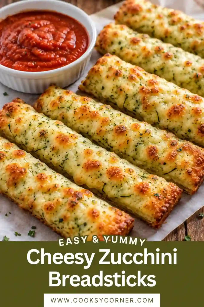 Homemade zucchini cheese breadsticks sliced and served warm with marinara dipping sauce. Melted mozzarella covers the golden zucchini base seasoned with garlic and Italian herbs.