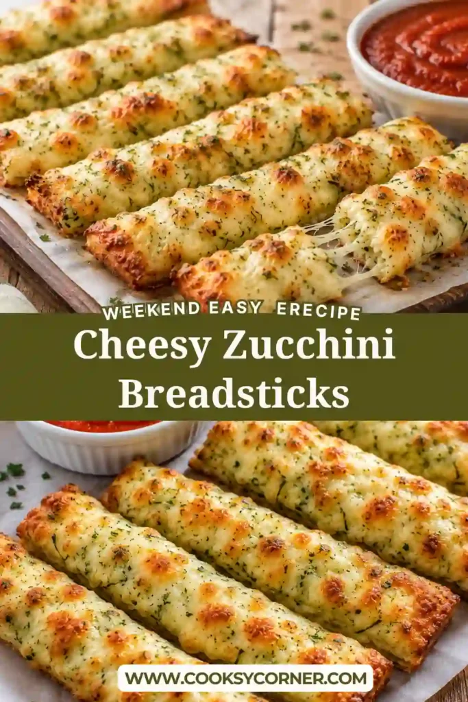 Cheesy Zucchini Breadsticks baked until golden and topped with melted mozzarella, Parmesan, and fresh herbs. These easy zucchini breadsticks have crisp edges and a tender vegetable-based center.