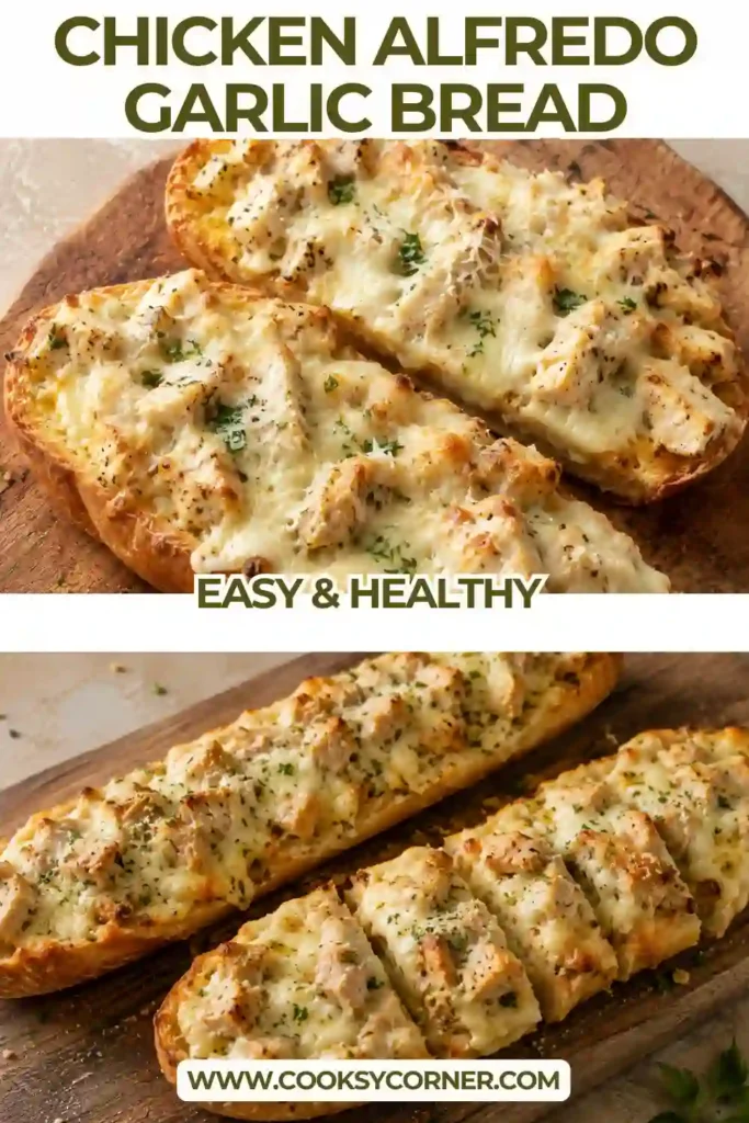 Cheesy chicken Alfredo bread made with toasted French bread, garlic butter, tender chicken, and bubbly mozzarella. Creamy Alfredo sauce and Parmesan cover each golden slice.