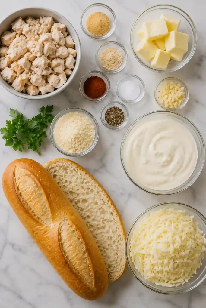 Freshly baked Chicken Alfredo Garlic Bread with chopped chicken, creamy sauce, mozzarella, Parmesan, and parsley. The garlic bread is toasted until crisp around the edges and golden on top.