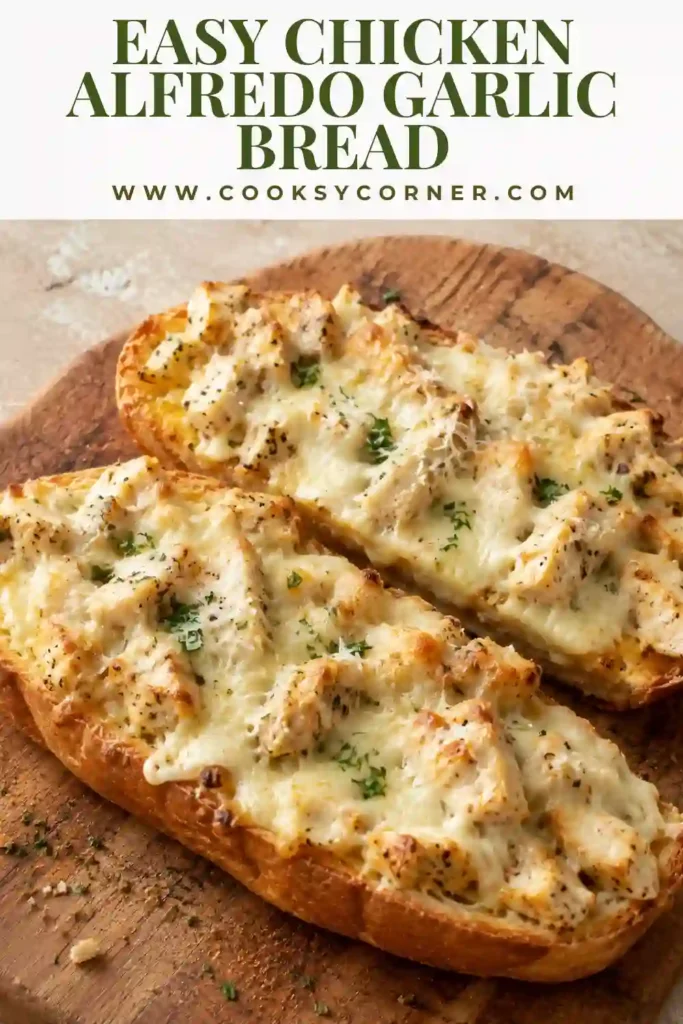 Chicken Alfredo Garlic Bread topped with creamy Alfredo chicken, melted mozzarella, Parmesan, and fresh parsley. The French bread has crisp golden edges beneath the rich cheesy topping.