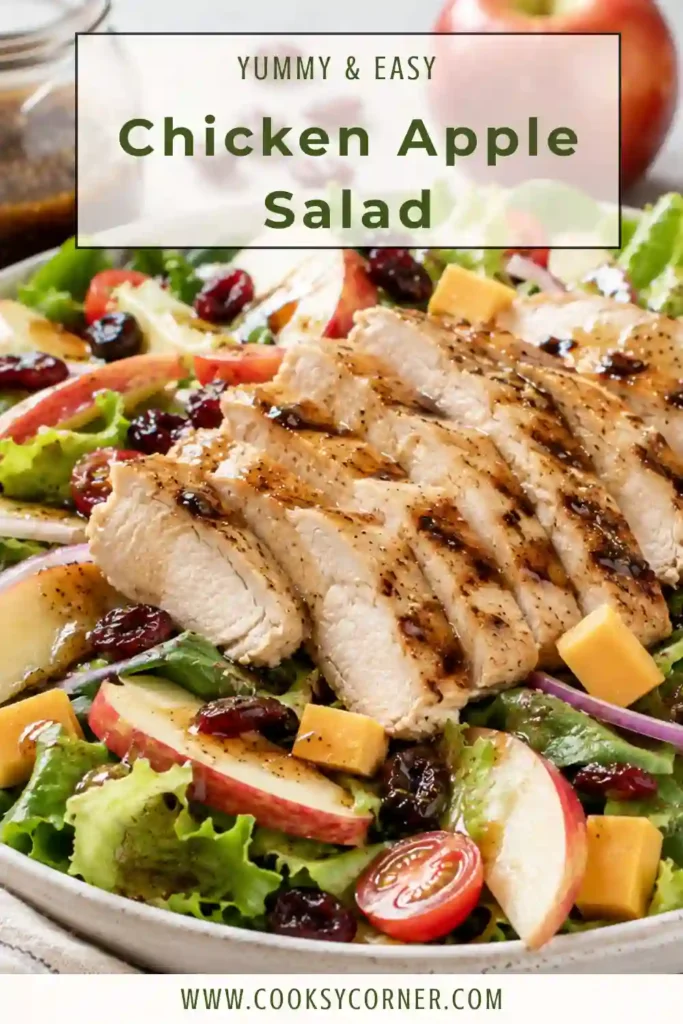 Easy Chicken Apple Salad recipe topped with tender sliced chicken, juicy apples, dried cranberries, cheddar, and fresh vegetables. A maple balsamic vinaigrette complements the sweet and savory ingredients.
