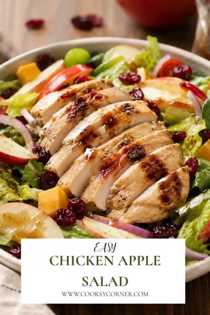 Chicken Apple Salad with sliced chicken, crisp Gala apples, cheddar cheese, dried cranberries, grape tomatoes, and romaine lettuce. The fresh salad is served with homemade maple balsamic dressing.