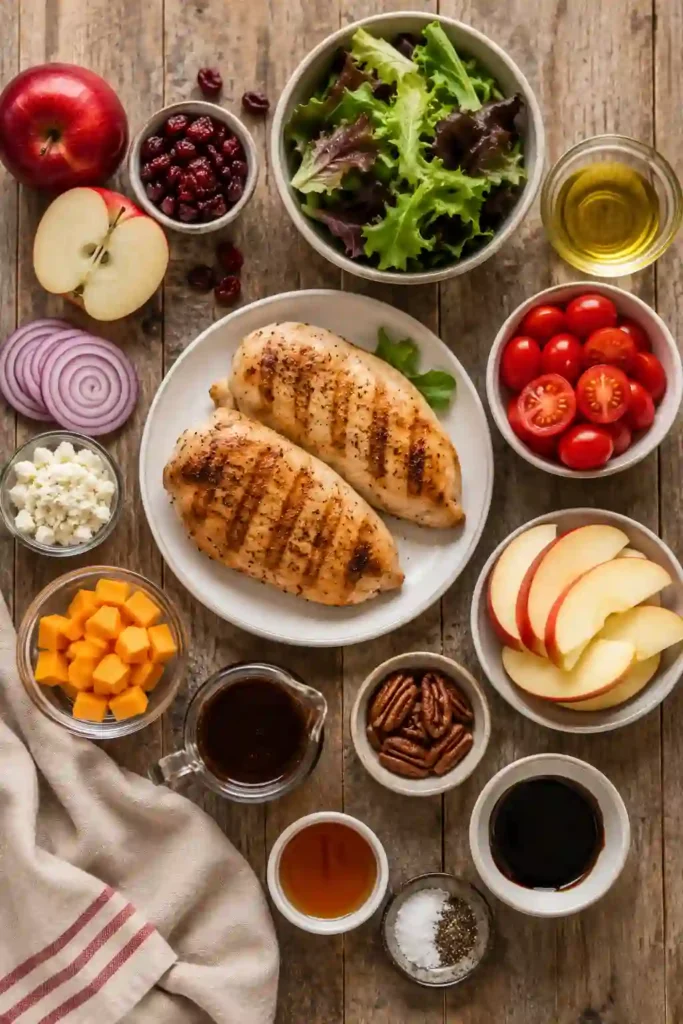 Colorful apple chicken salad made with romaine lettuce, cooked chicken, Gala apples, cheddar cheese, cranberries, tomatoes, and red onion. The salad is paired with a homemade maple balsamic dressing.