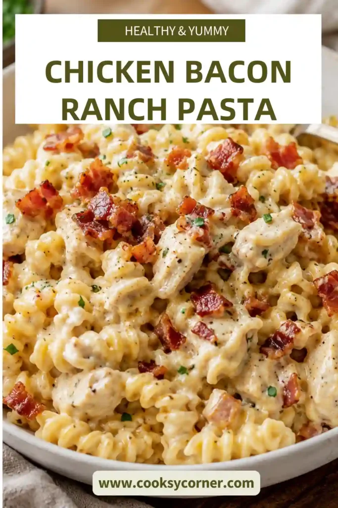 A serving of cheesy Chicken Bacon Ranch Pasta topped with crispy turkey bacon and fresh parsley in a white bowl.