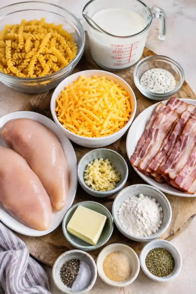 Creamy Chicken Bacon Ranch Pasta served in a rustic bowl with cheddar cheese, turkey bacon, and fresh herbs.
