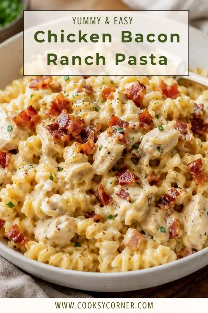 Close-up of Chicken Bacon Ranch Pasta featuring creamy cheddar sauce, rotini pasta, juicy chicken, and crispy turkey bacon garnished with parsley.