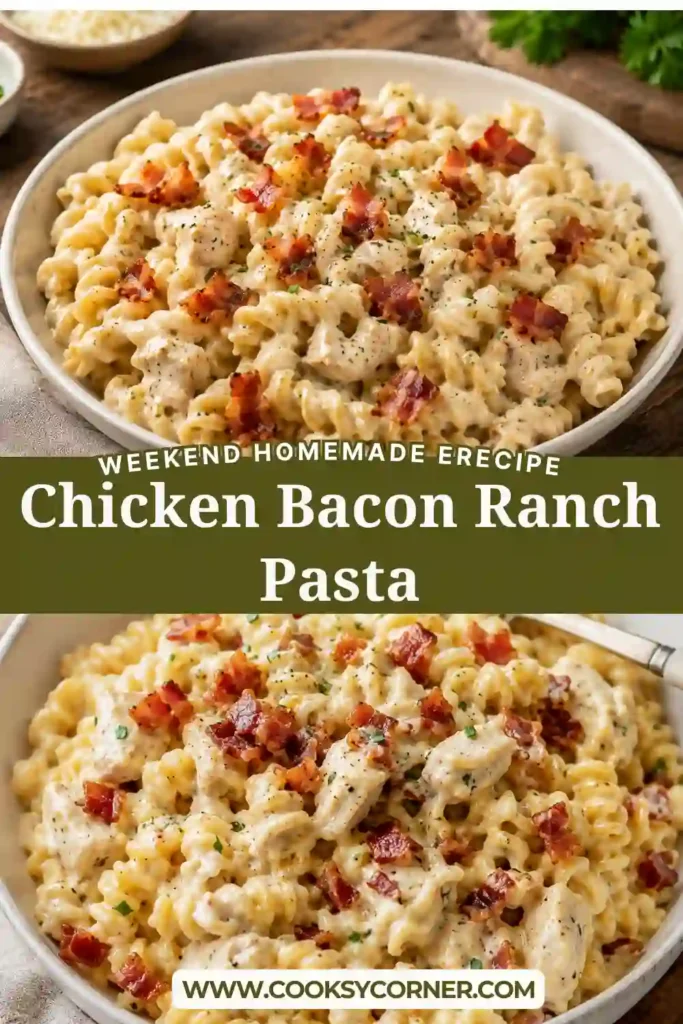 A bowl of creamy Chicken Bacon Ranch Pasta made with tender chicken, crispy turkey bacon, cheddar cheese, and rotini pasta coated in a rich ranch sauce. This comforting pasta dish is perfect for an easy family dinner.