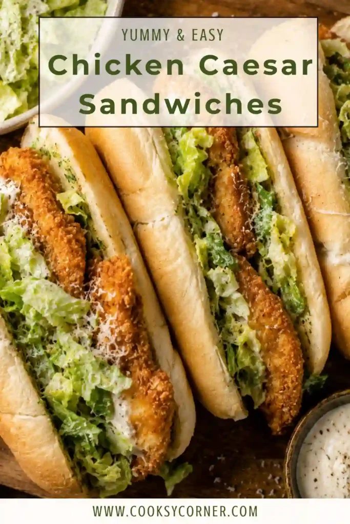 Homemade Chicken Caesar Sandwiches served with crispy chicken cutlets, shredded romaine, Parmesan, and creamy Caesar dressing. Golden garlic bread surrounds the crunchy chicken filling.
