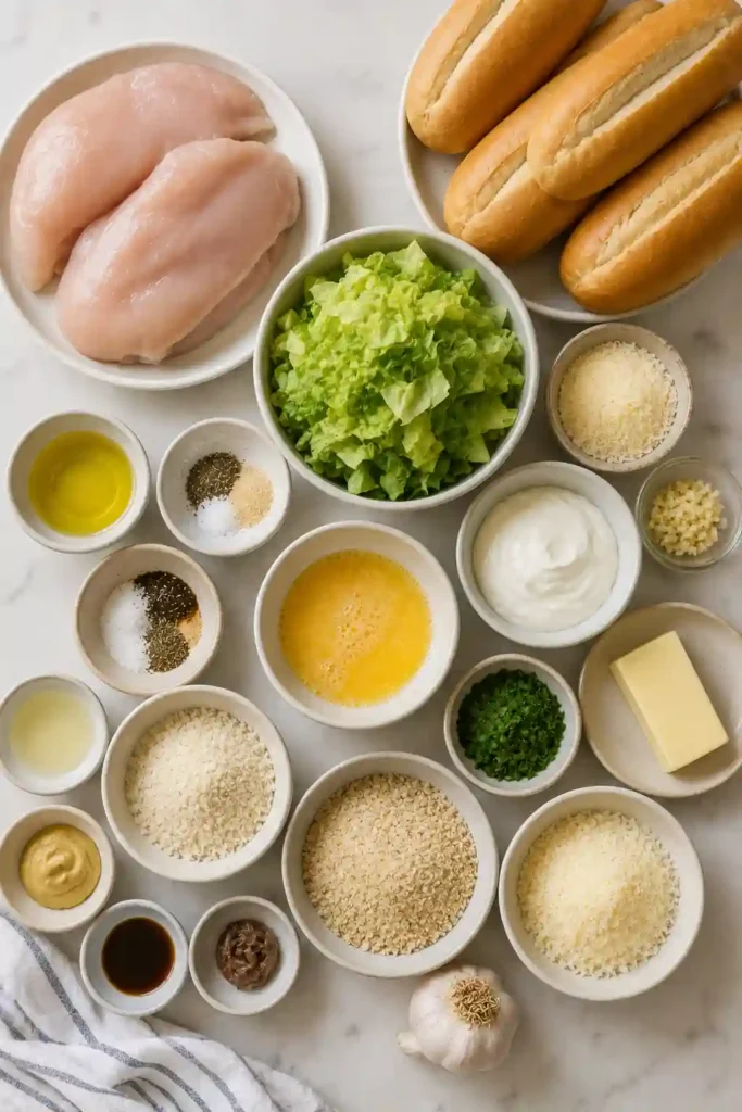 Easy Chicken Caesar Sandwiches with crunchy breaded chicken, fresh romaine lettuce, creamy dressing, and grated Parmesan. Toasted garlic-butter hoagie rolls complete the sandwiches.