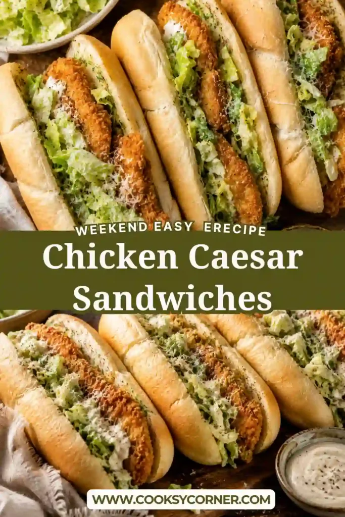 Crispy chicken Caesar sandwich with breaded chicken, crunchy romaine, homemade Caesar dressing, and Parmesan cheese. The hoagie roll is toasted with savory garlic butter.