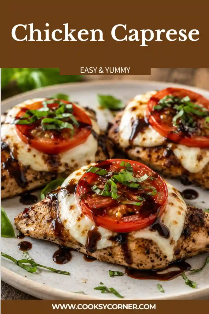 Easy mozzarella tomato chicken topped with fresh basil and glossy balsamic reduction. The grilled chicken breast is seasoned with Italian herbs and served warm.