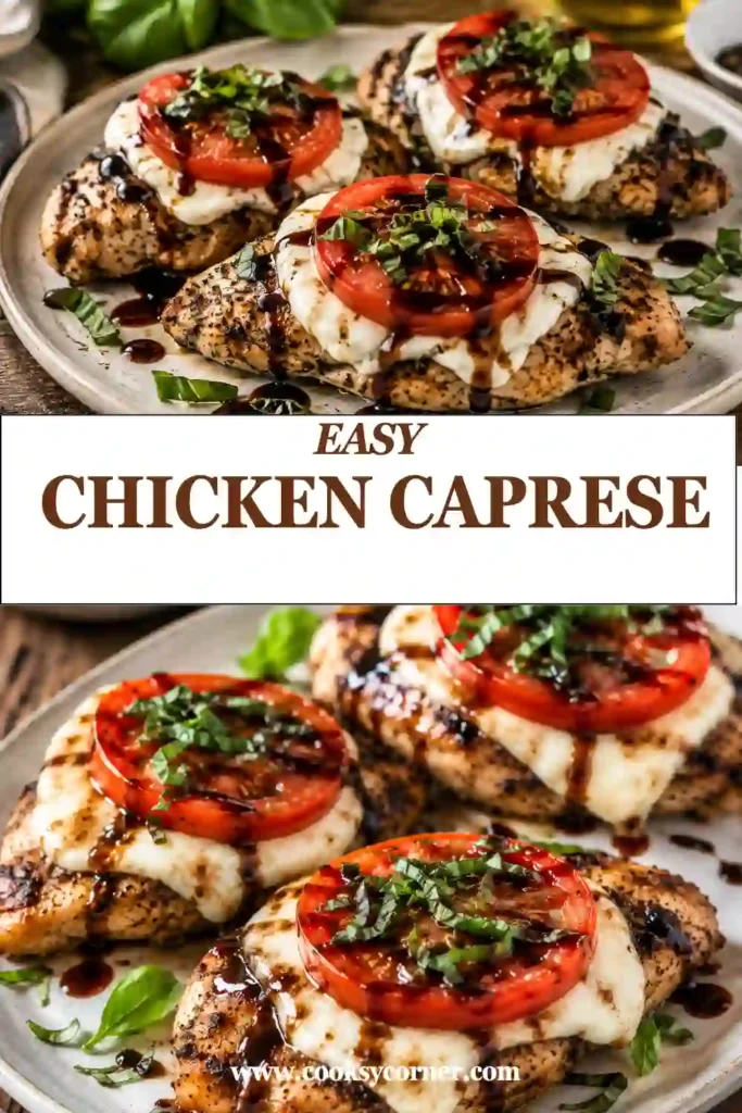 Juicy grilled Chicken Caprese served with creamy mozzarella, ripe tomato slices, and fresh basil. A balsamic reduction is drizzled over the chicken for a sweet and tangy finish.