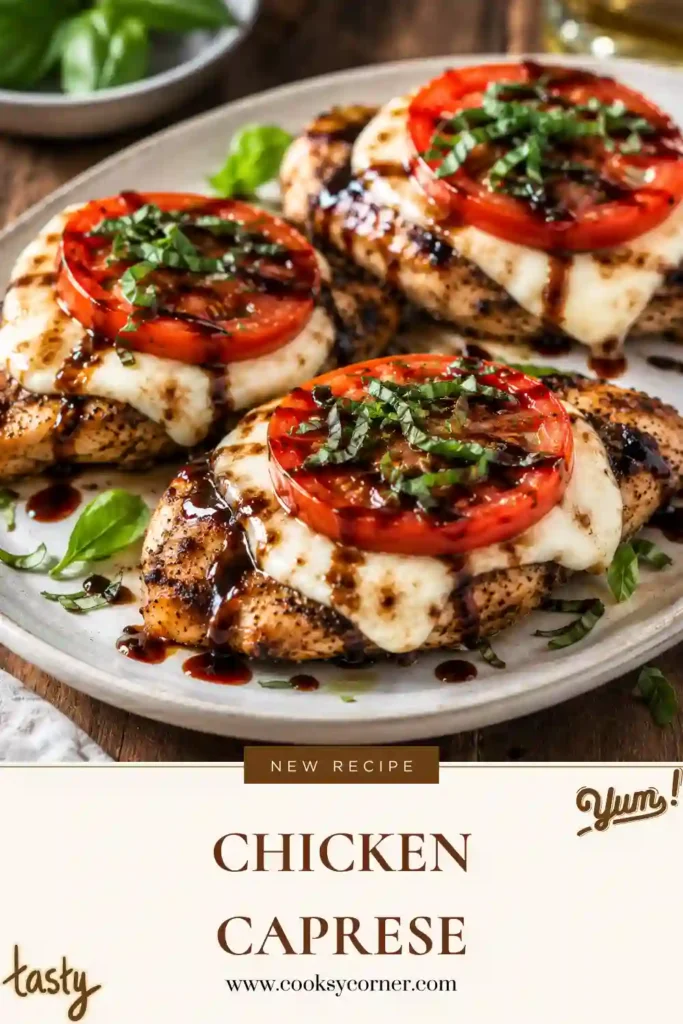 Chicken Caprese topped with melted mozzarella, fresh tomato, basil, and homemade balsamic reduction. This grilled chicken caprese has fresh Italian-inspired flavors.