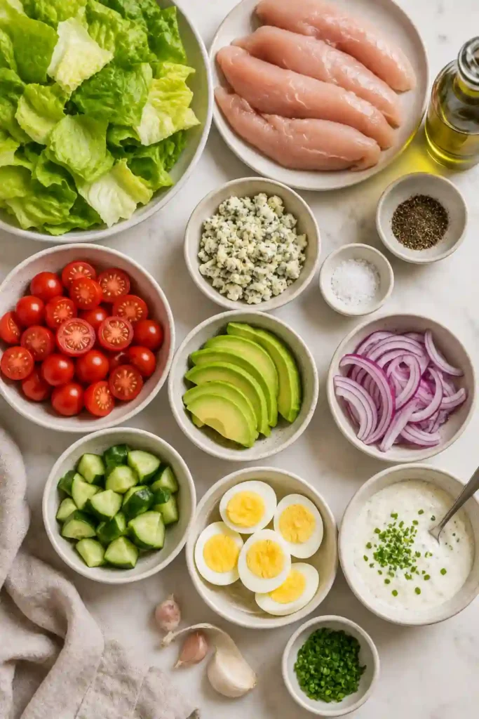 Chicken Cobb Salad served with homemade yogurt ranch dressing and fresh chives on top.