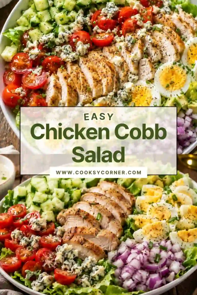 Close-up of Chicken Cobb Salad topped with sliced grilled chicken, blue cheese crumbles, avocado, tomatoes, and hard-boiled eggs.