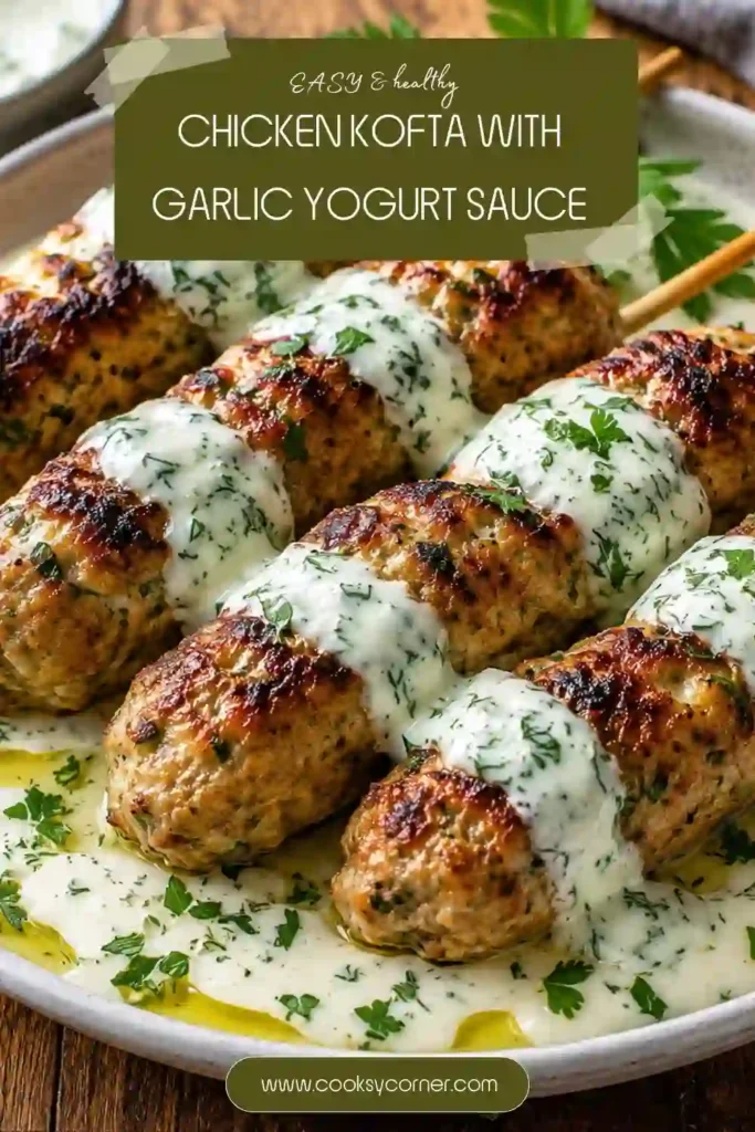 Close-up of grilled Chicken Kofta garnished with parsley and served with garlic yogurt sauce. The kofta are juicy and lightly charred for maximum flavor.