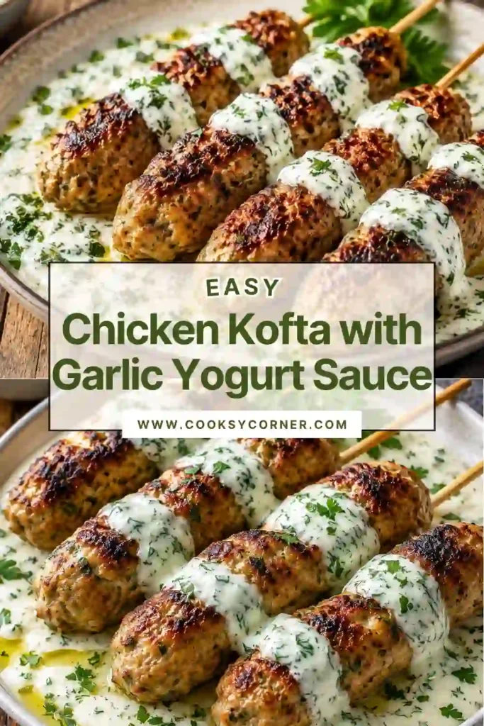 Homemade Chicken Kofta arranged on a plate with garlic yogurt dipping sauce and fresh herbs. The grilled kofta are golden brown and served with lemon slices.