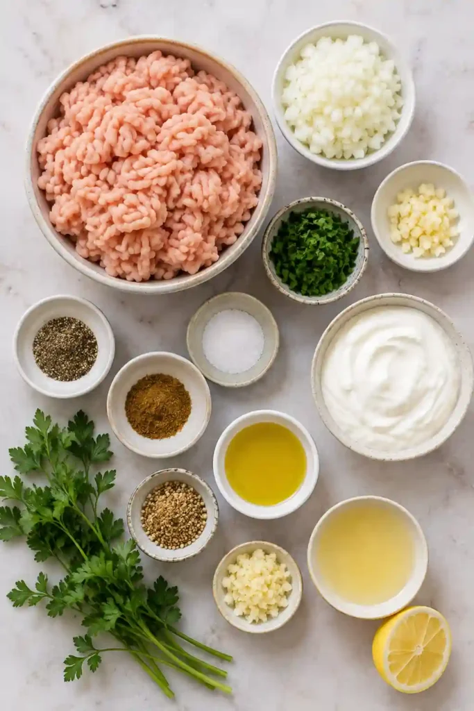 Freshly grilled Chicken Kofta served with lemon wedges, yogurt sauce, and parsley on a rustic platter. A healthy, high-protein meal with Middle Eastern flavors.
