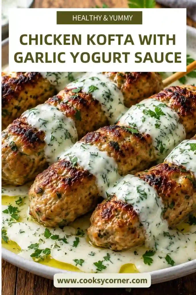 Grilled Chicken Kofta served with creamy garlic yogurt sauce, fresh parsley, and lemon wedges on a serving platter. This Middle Eastern-inspired recipe is juicy, flavorful, and perfect for dinner.