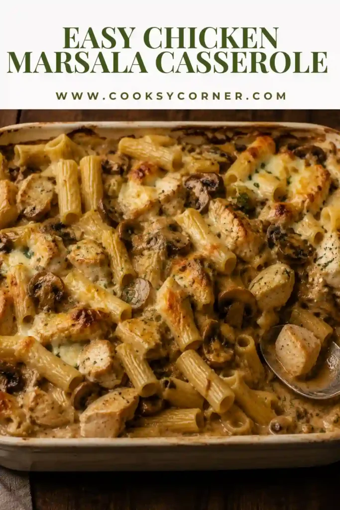 Creamy chicken and mushroom casserole made with rigatoni pasta and an alcohol-free savory sauce. Melted mozzarella and Parmesan create a golden cheesy topping.