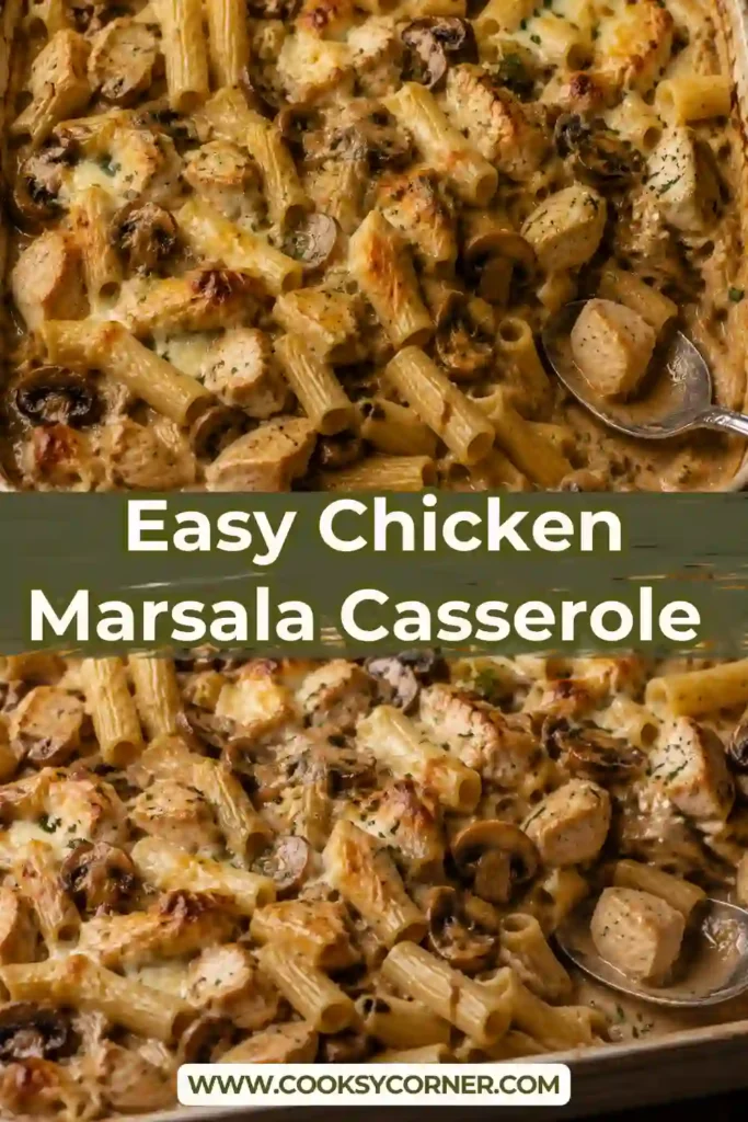 Chicken Marsala Casserole baked until golden with pasta, chicken, sliced mushrooms, creamy sauce, and melted cheese. Fresh parsley adds color to the finished pasta bake.
