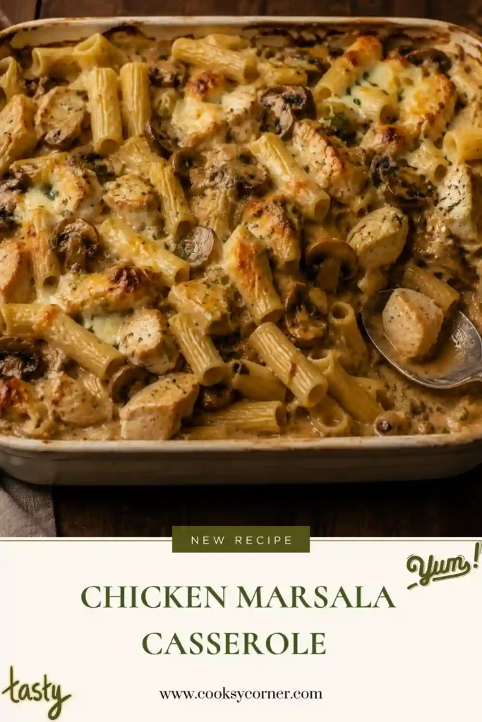 Chicken Marsala Casserole with rigatoni, tender chicken, mushrooms, turkey ham, mozzarella, and Parmesan. The creamy chicken pasta bake has a bubbly golden cheese topping.