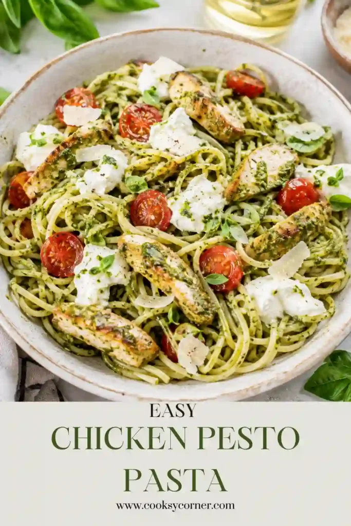 Basil pesto pasta with golden chicken, fresh mozzarella pearls, halved cherry tomatoes, and fresh basil leaves. This easy Chicken Pesto Pasta makes a colorful weeknight dinner.