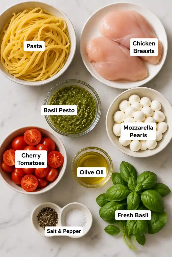 A bowl of pesto chicken pasta with fresh basil, cherry tomatoes, mozzarella pearls, and juicy sliced chicken. The pasta is coated in a vibrant homemade basil pesto sauce.