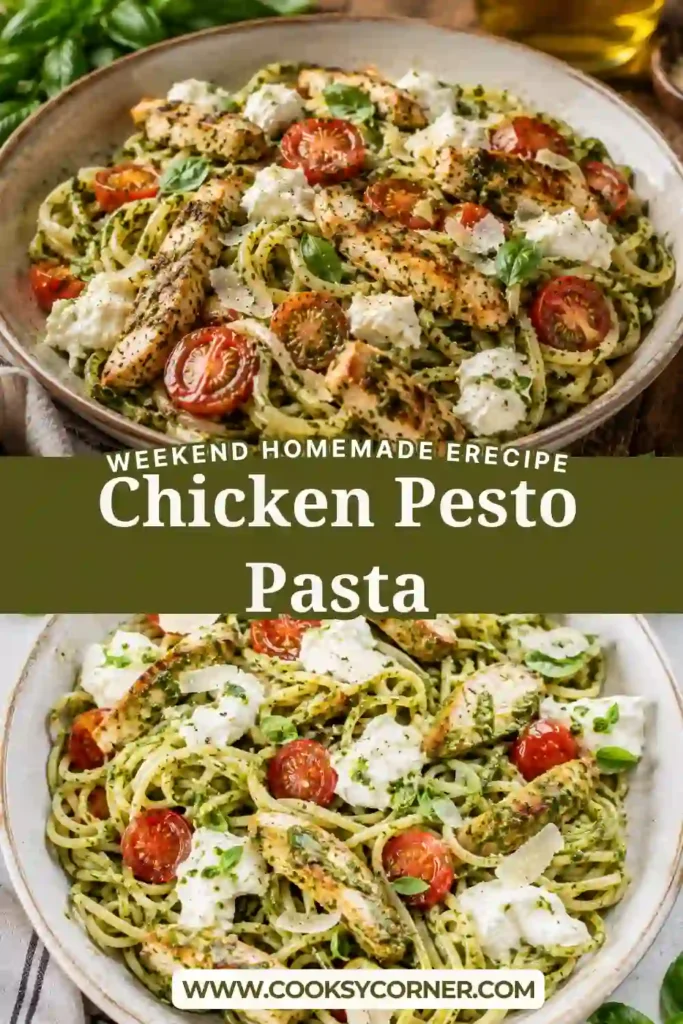 Chicken Pesto Pasta with tender chicken strips, cherry tomatoes, fresh mozzarella, and basil pesto tossed with pasta. The colorful pasta is finished with fresh basil and grated Parmesan.