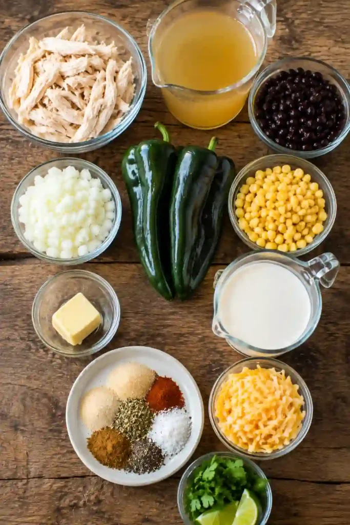 Freshly made Chicken Poblano Soup with shredded chicken, black beans, corn, melted cheese, and cilantro served in a white bowl. The creamy soup is garnished with lime for extra flavor.