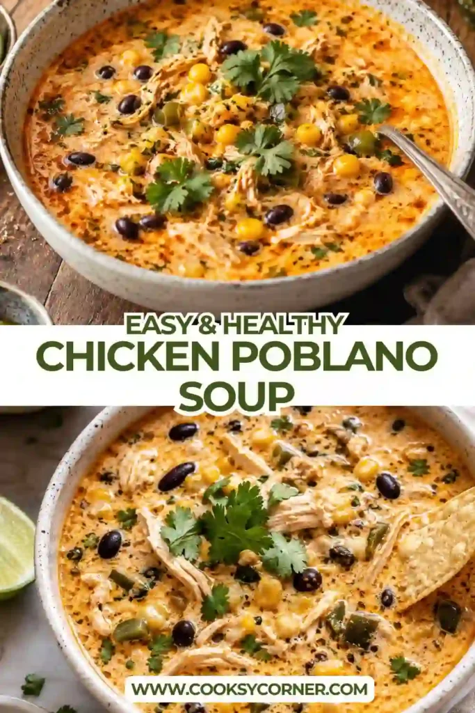 Homemade Chicken Poblano Soup served warm with cilantro, lime wedges, and melted cheese. Every bowl is packed with chicken, corn, black beans, and flavorful poblano peppers.