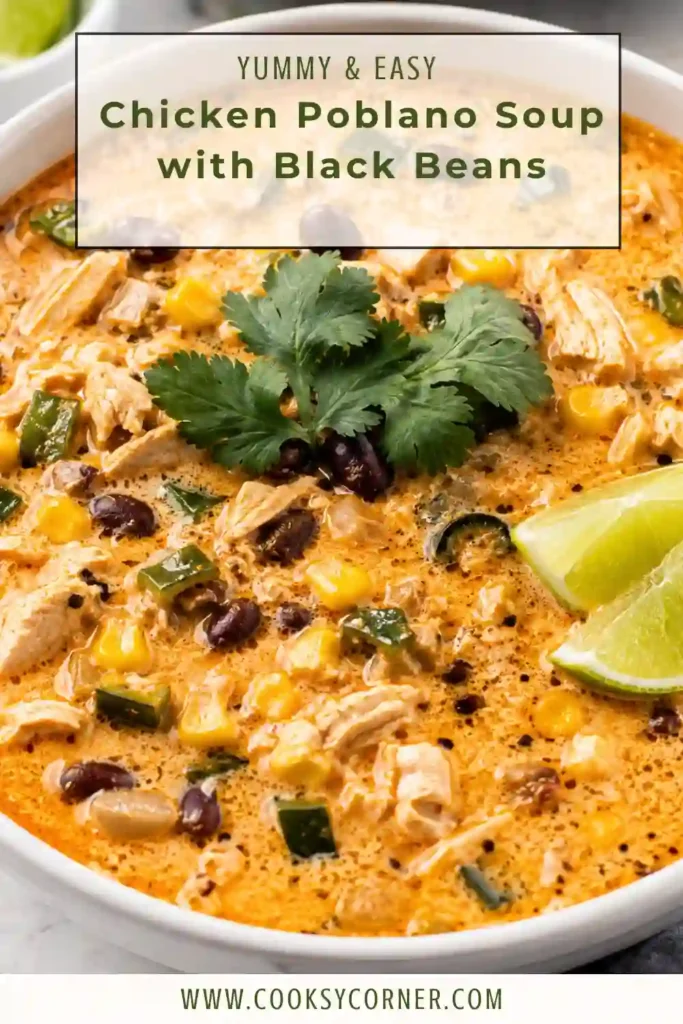 Homemade chicken and black bean soup with poblano peppers, corn, cheese, and fresh cilantro. The creamy broth makes this an inviting and hearty family dinner.
