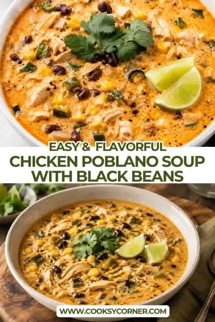 A warm bowl of creamy chicken poblano soup filled with tender chicken, black beans, sweet corn, and chopped poblano pepper. Melted cheese creates a rich and comforting broth.