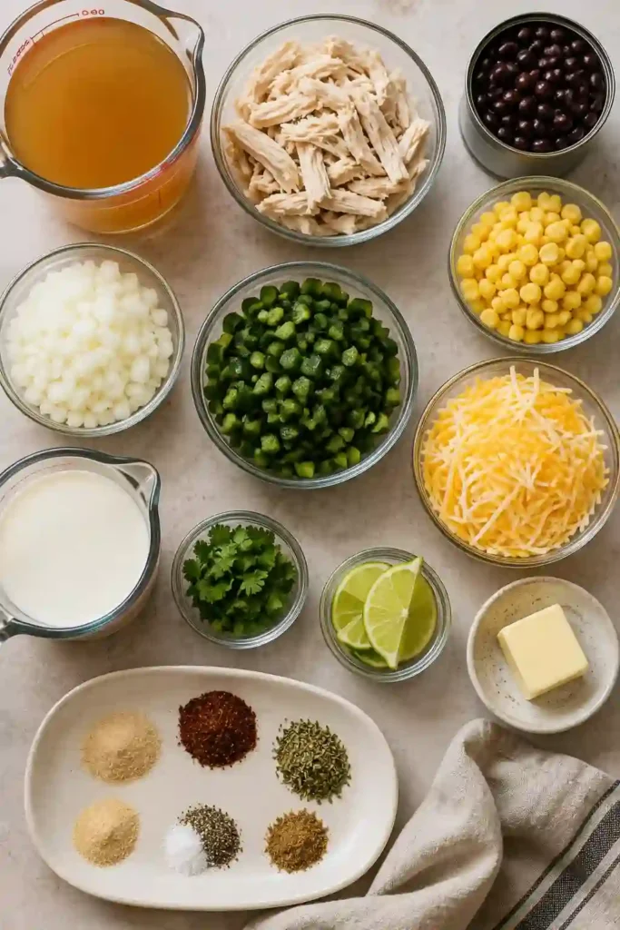 Easy creamy chicken soup made with shredded chicken, poblano pepper, black beans, corn, and savory seasonings. Fresh lime and cilantro brighten the rich Mexican-inspired flavors.