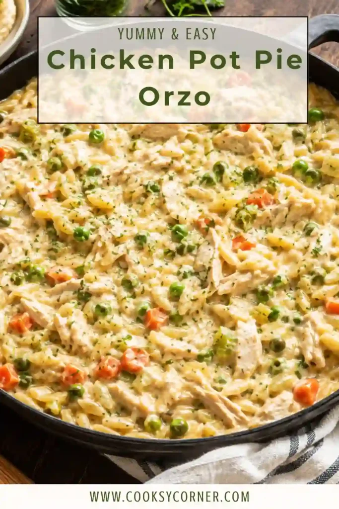 Chicken Pot Pie Orzo served in a skillet with colorful vegetables, tender chicken, and fresh parsley. Creamy orzo creates a comforting one-pan alternative to traditional chicken pot pie.