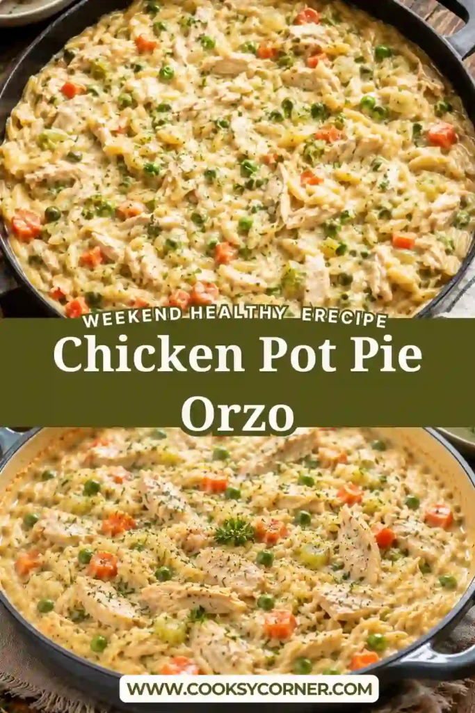 Creamy chicken orzo filled with shredded chicken, peas, carrots, celery, and fresh herbs. The thick, savory sauce coats tender orzo for an easy chicken pot pie-inspired dinner.