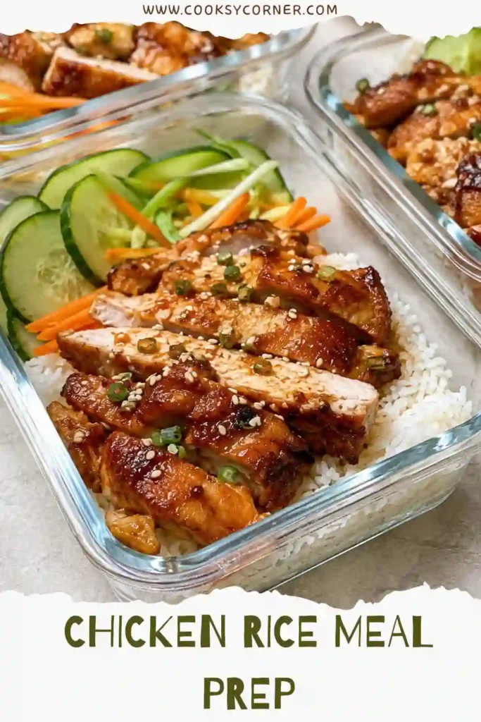 Freshly prepared chicken and rice meal prep bowls garnished with herbs and sesame seeds. A nutritious high-protein lunch idea.