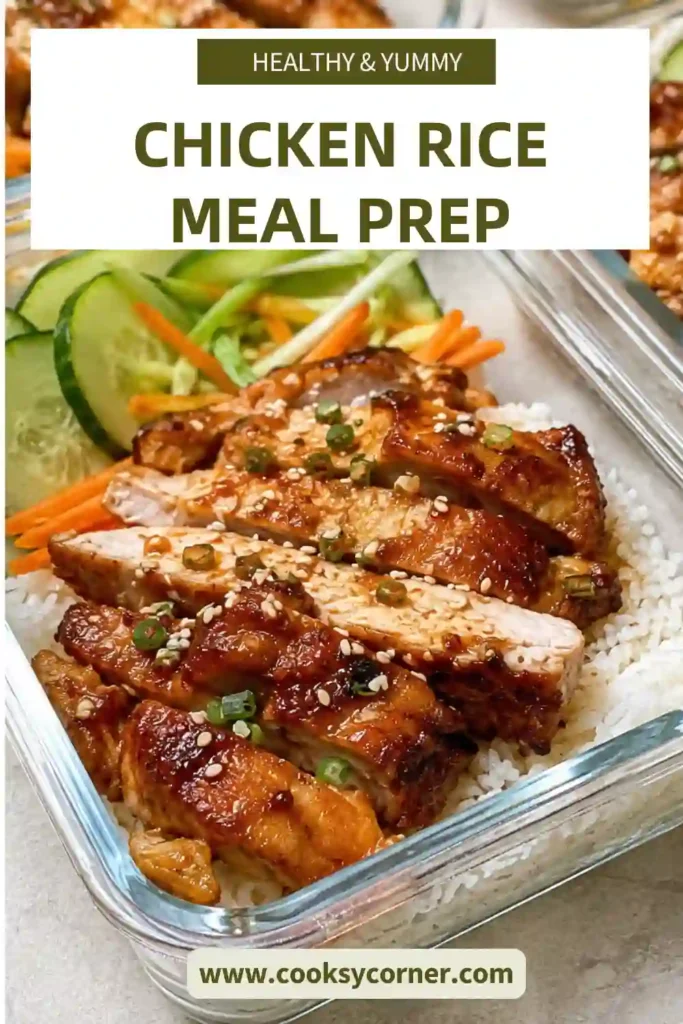 Juicy chicken thighs served over jasmine rice with cucumber slices and sesame seeds. A balanced Chicken Rice Meal Prep recipe for busy weekdays.