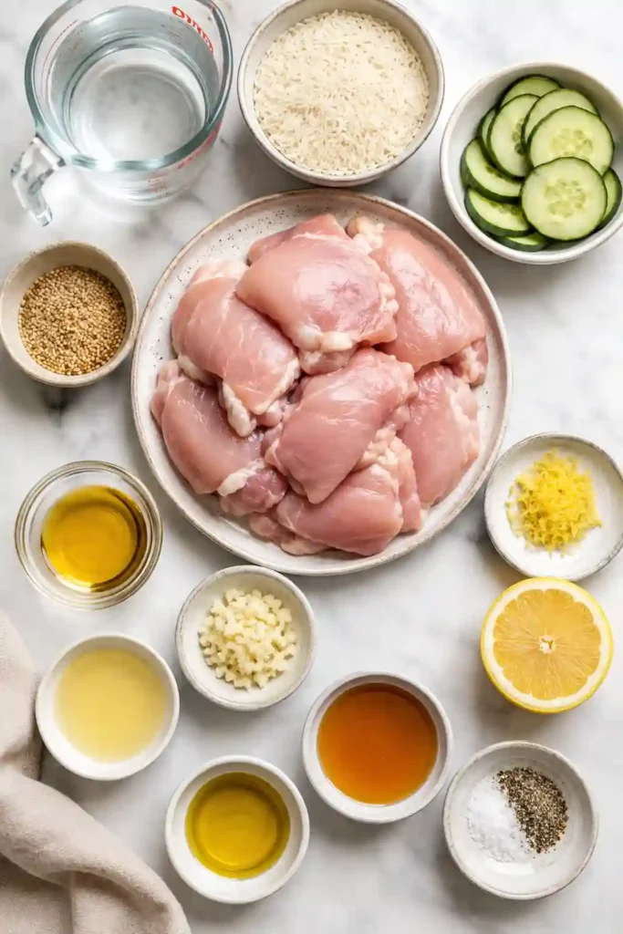 Lemon garlic chicken sliced over fluffy rice with cucumber in a meal prep container. An easy make-ahead Chicken Rice Meal Prep recipe.