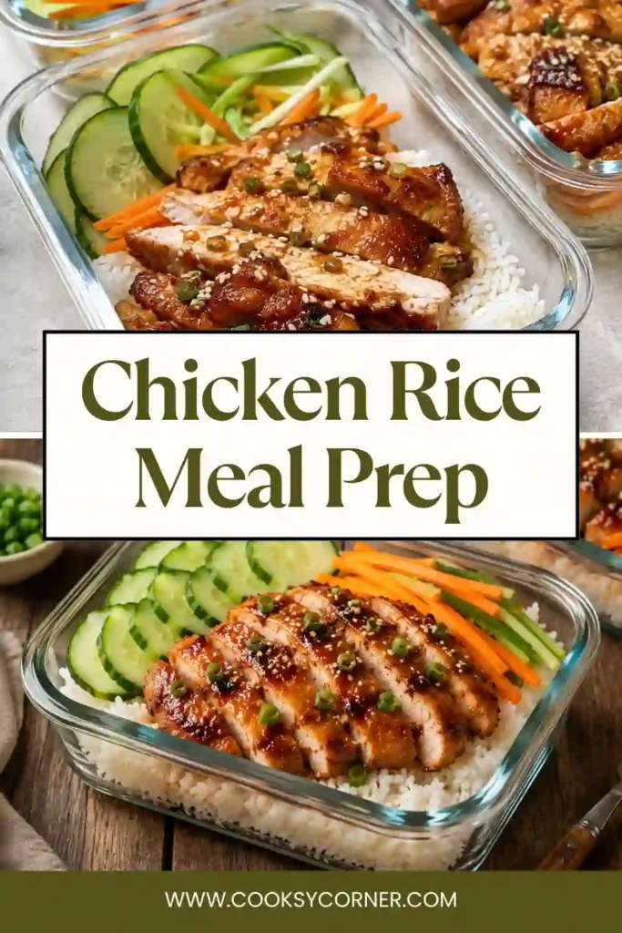A meal prep container filled with sliced lemon garlic chicken, fluffy sesame rice, and fresh cucumber. This healthy Chicken Rice Meal Prep is perfect for easy lunches.
