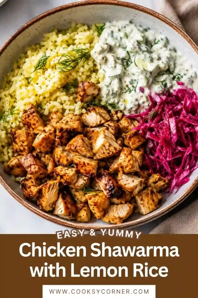 Mediterranean chicken shawarma bowl topped with tender chicken, lemon rice, crisp cabbage, and creamy cucumber feta sauce. Perfect for an easy weeknight dinner.