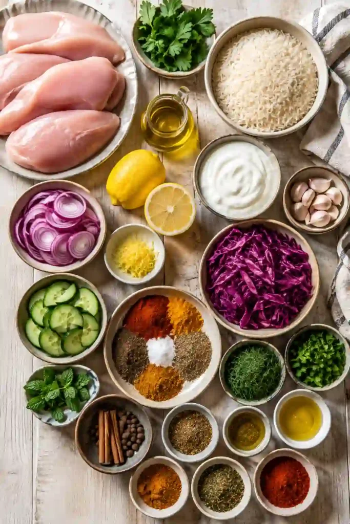 Fresh Chicken Shawarma with Lemon Rice arranged in a serving bowl alongside crunchy cabbage salad and flavorful feta cucumber dressing for a healthy Mediterranean meal.