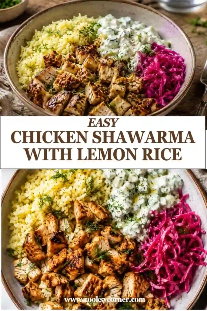 Juicy air fryer chicken shawarma over fluffy lemon rice with tangy cabbage salad and creamy Greek yogurt feta sauce. A fresh Mediterranean-inspired family meal.