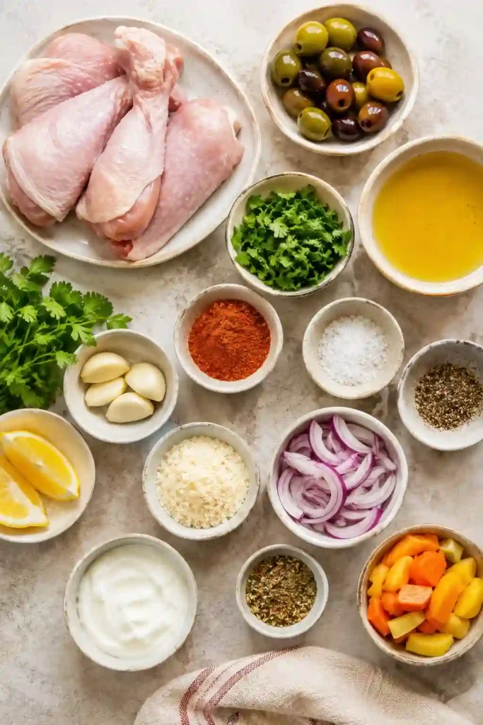 4. Easy chicken tagine with olives, preserved lemon, potatoes, carrots, and aromatic Moroccan spices. The finished one-pot chicken dish is garnished with fresh herbs.
