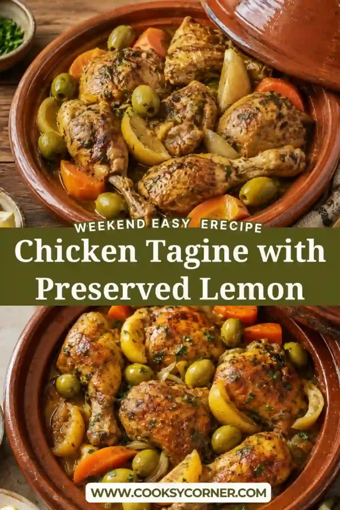 2. Moroccan chicken tagine with preserved lemon and olives simmered with carrots, potatoes, cumin, cinnamon, ginger, and paprika. The chicken is tender and coated in a rich savory sauce.