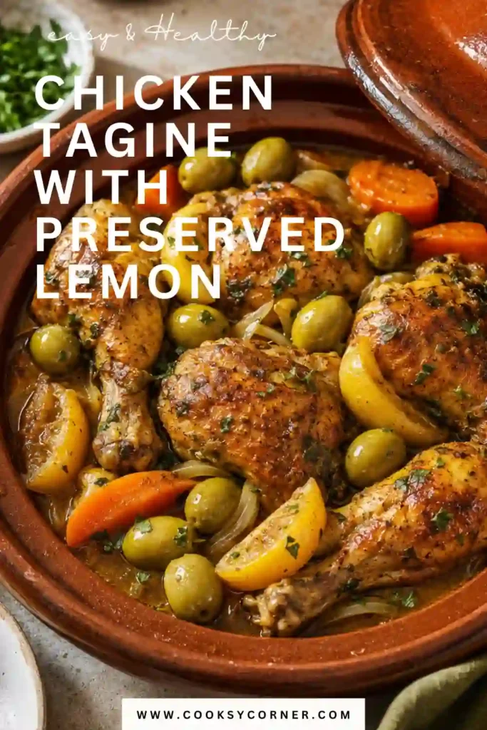 1. Chicken Tagine with Preserved Lemon served with tender chicken, potatoes, carrots, and green olives in an aromatic Moroccan-spiced sauce. Fresh herbs add color to the finished dish.