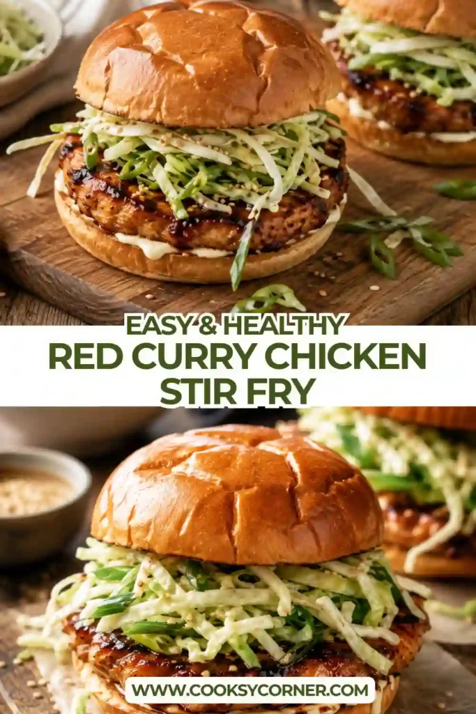 Close-up of homemade Chicken Teriyaki Burgers topped with fresh sesame cabbage slaw on soft toasted buns. This easy ground chicken burger recipe is fresh and satisfying.